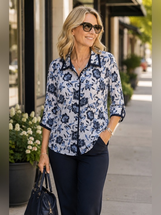 Graff Tops - Graff Petite XL Floral Button Front Blouse | Navy Blue Sheer Career Top